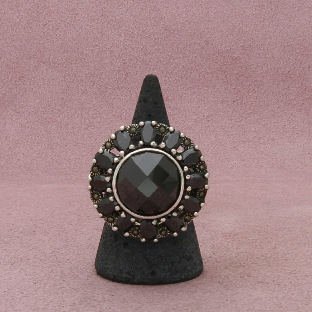 sterling silver chunky marcasite & black cz cocktail ring size 8.5 - Picture 1 of 3